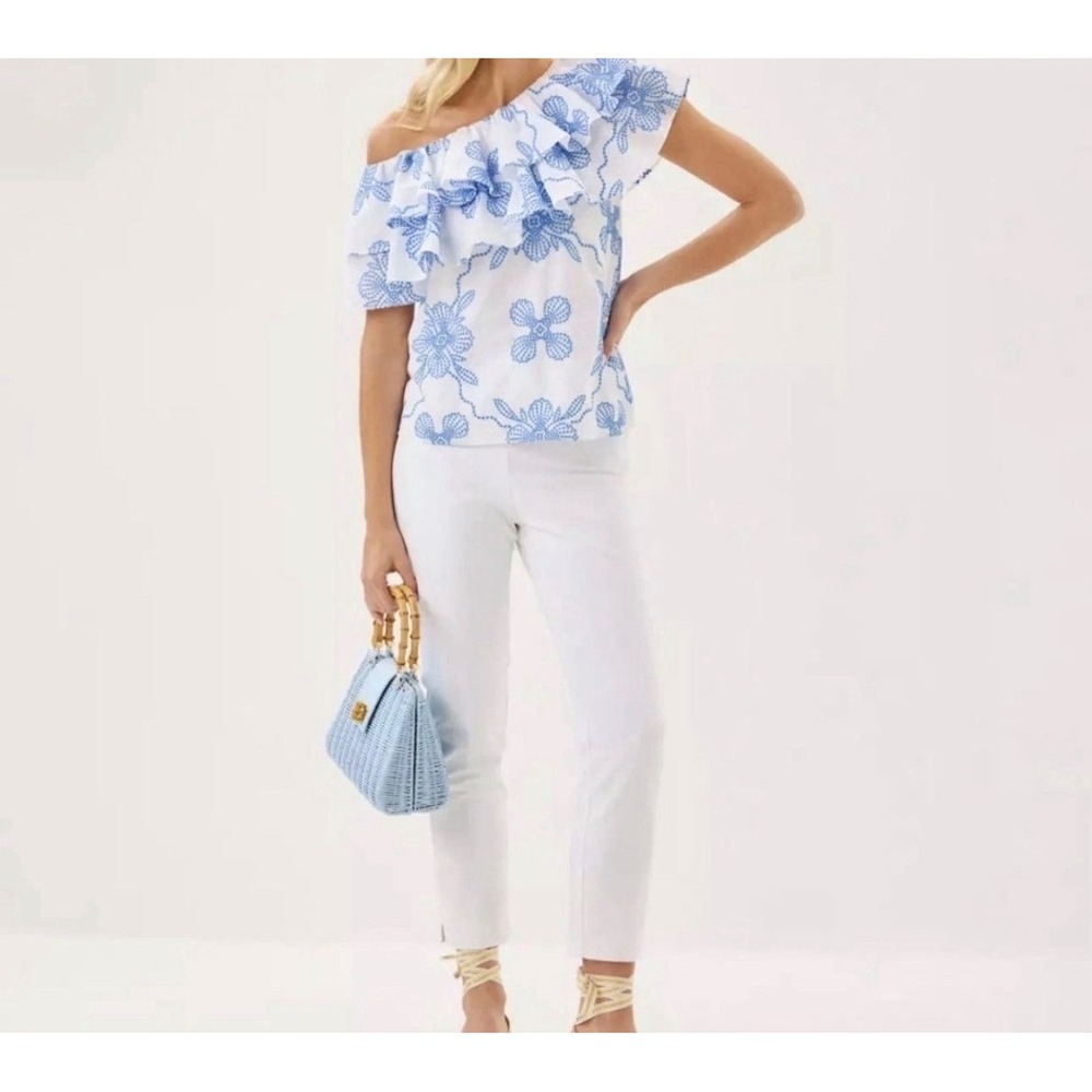 Lilly Pulitzer Trixie One Shoulder Top Women XXS Blue White Ruffle Embroidered